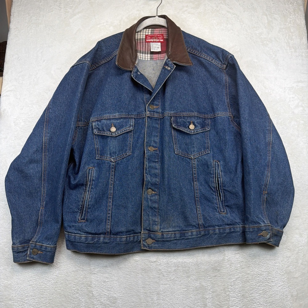 Vintage Marlboro Country Store Mens L Denim Trucker Jacket Leather Collar USA